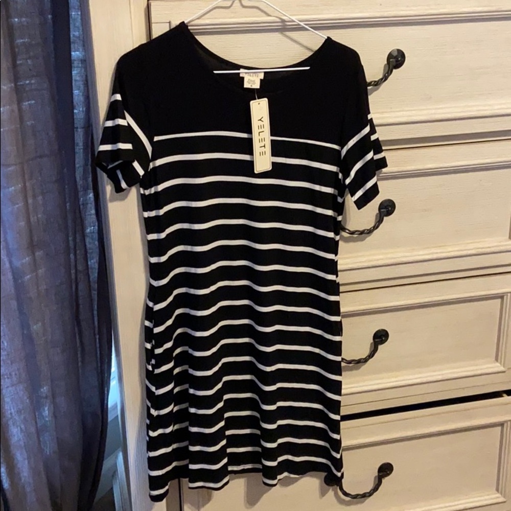Black dress with white stripes